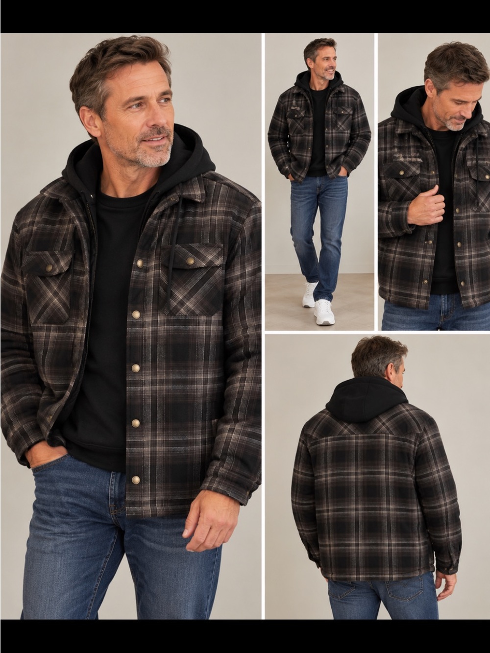 Men's Black Plaid Lightweight Shacket with Hooded Layer